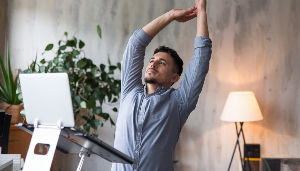 Man stretching at desk with laptop